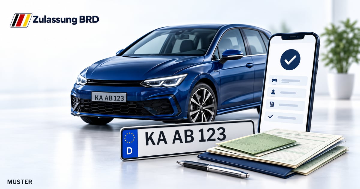 Online Fahrzeugzulassung in Stutensee: Musterkennzeichen KA AB 123, Auto und Fahrzeugpapiere und Smartphone. Illustration mit Logo von Zulassung BRD.